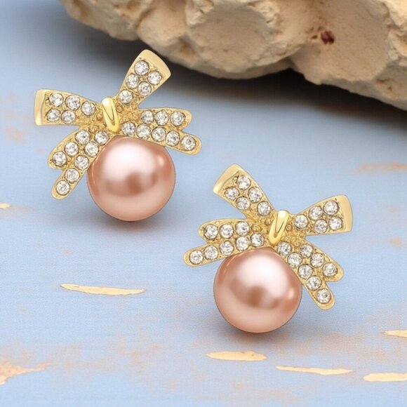 Coquette Pink Pearl Bow Earrings Gold Crystal Ribbon Studs Dainty Balletcore - Picture 10 of 14